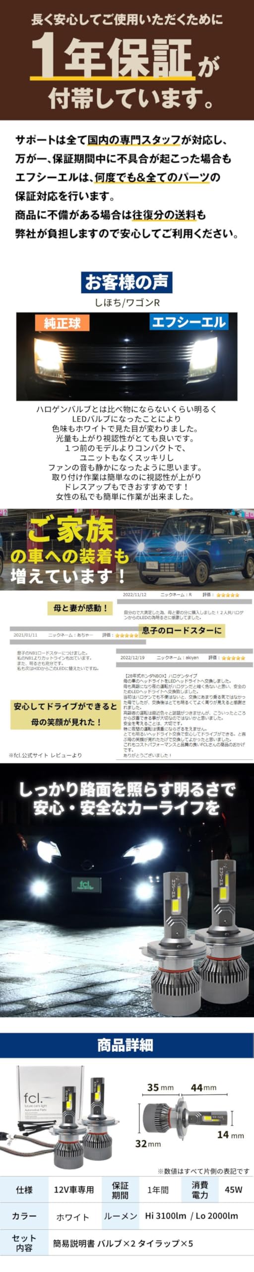 Amazon | fcl.(エフシーエル) H4 led ヘッドライト ledバルブ hi/lo