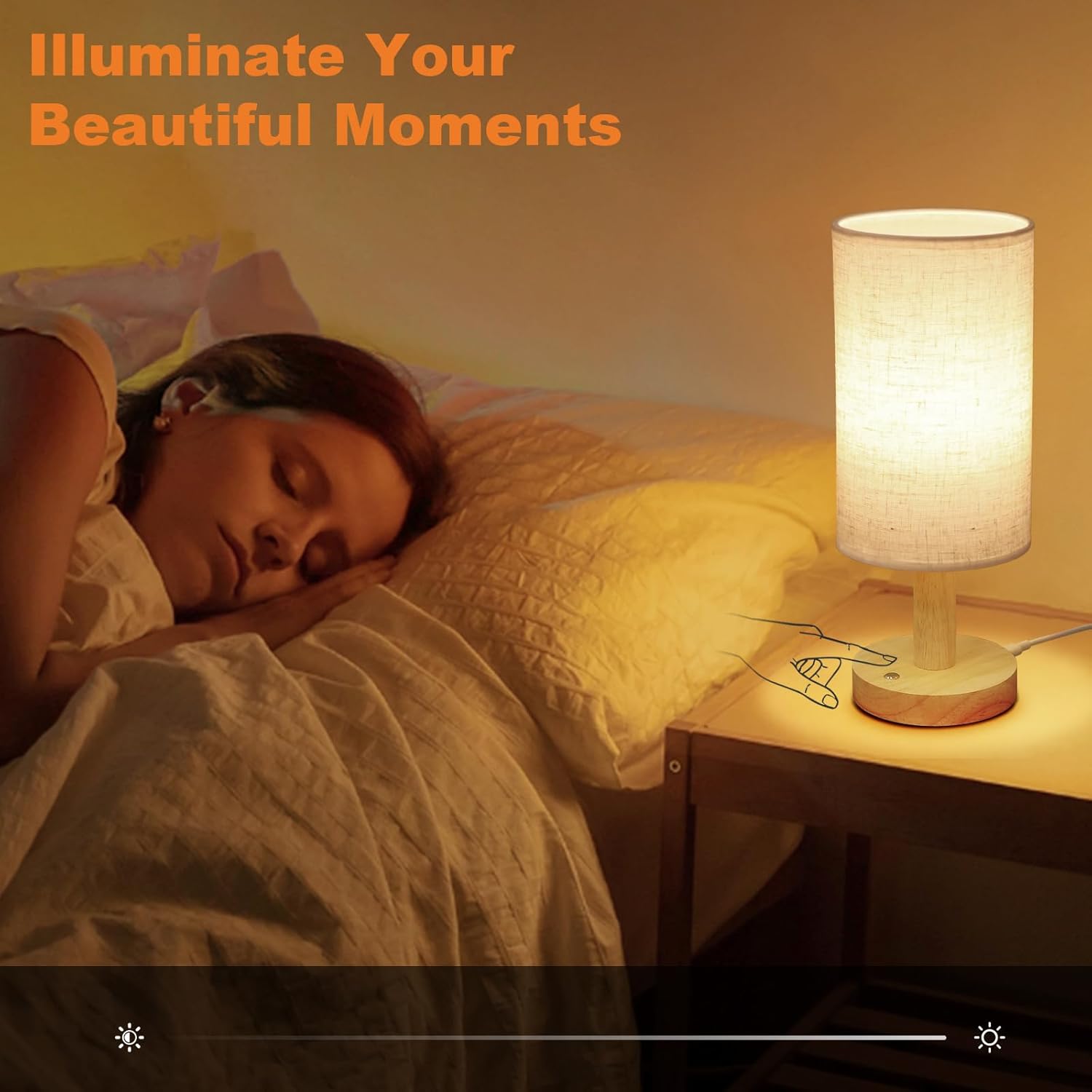 Small Corded Touch Bedside Table Lamp with Stepless Dimming, Natural Round Wood Base & Linen Fabric Shade, USB-Powered Cozy Ambient Night Light for Bedroom, Nightstand,Kitchen, Nursery,Camping
