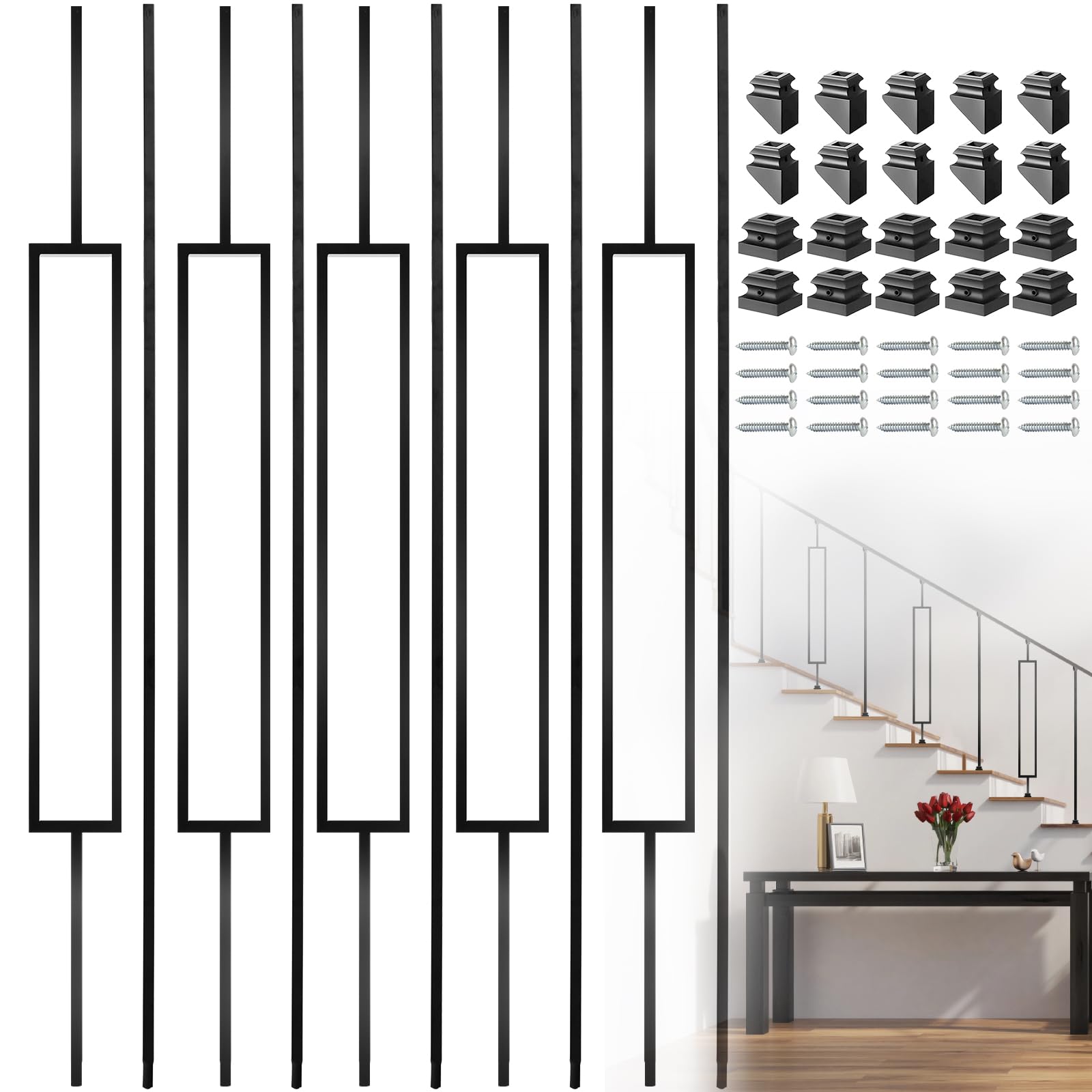 Vilstomes Deck Balusters, 10 Pack Wrought Iron Balusters, 1/2" Deck Railing Stair Metal Deck Spindles, Staircase Baluster W/ 20 Pack Iron Baluster Shoes (5 Straight +5 Single Rectangle)