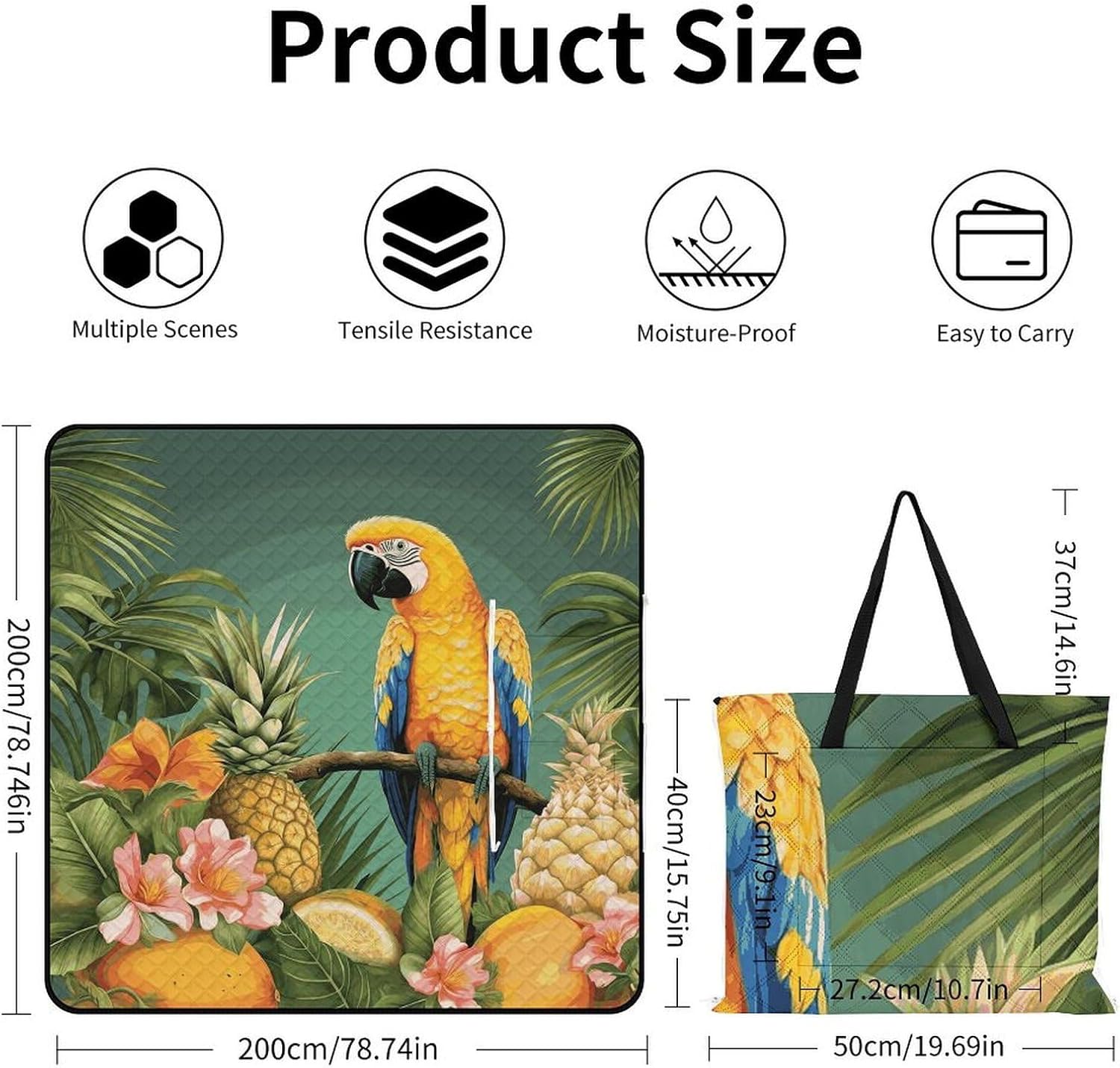 Summer Parrot Pineapple Bird Picnic Blanket 200x200cm, Foldable 2-in-1 Picnic Mat and Tote Bag Portable Waterproof Beach Mat Sandproof Outdoor Blanket for Park, Hiking, Beach, Camping, Travel
