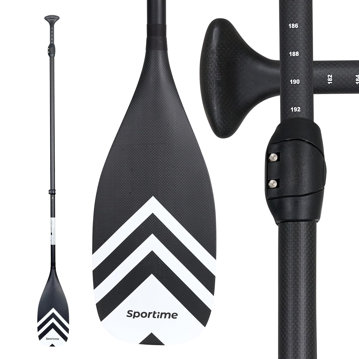 Sportime SUP Paddel Full Carbon | Leicht, robust, sicherer Halt | Verstellbar, für Stand Up Paddling | Schwarz | Ideal für Meer, Wellengang, Anti-Verdrehsicherung