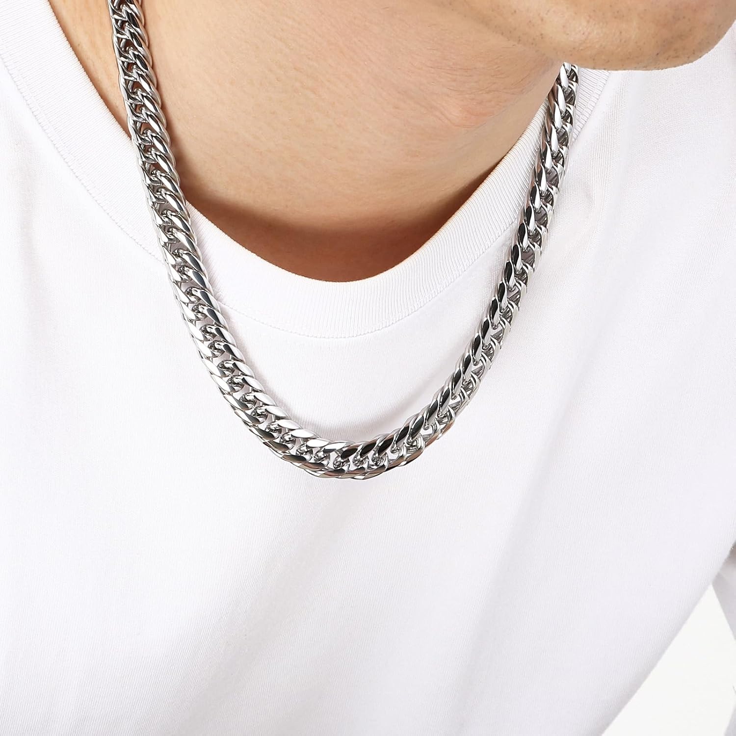 Men's Stainless Steel Cuban Link Chain Necklace, Retro Punk Hip-Hop Statement Jewelry Polished Silver Heavy Duty Chain for Men - Image 6