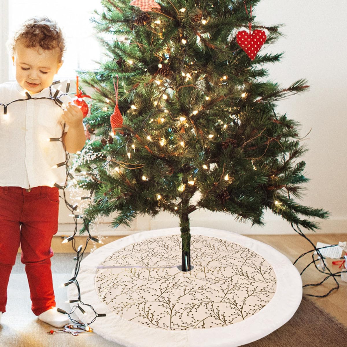 Weihnachtsbaumrock Plüsch 121cm Baumrock mit Goldener Blätterprägung Weihnachtsbaumschürze für Weihnachtsdeko Zuhause Party