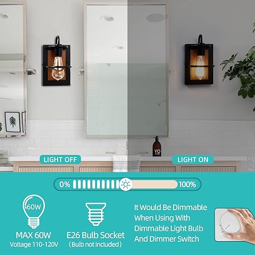 Miniatura 3 de Juego de dos apliques de pared de granja, apliques de pared industriales modernos para interiores con base E26, acabado negro mate, acabado de