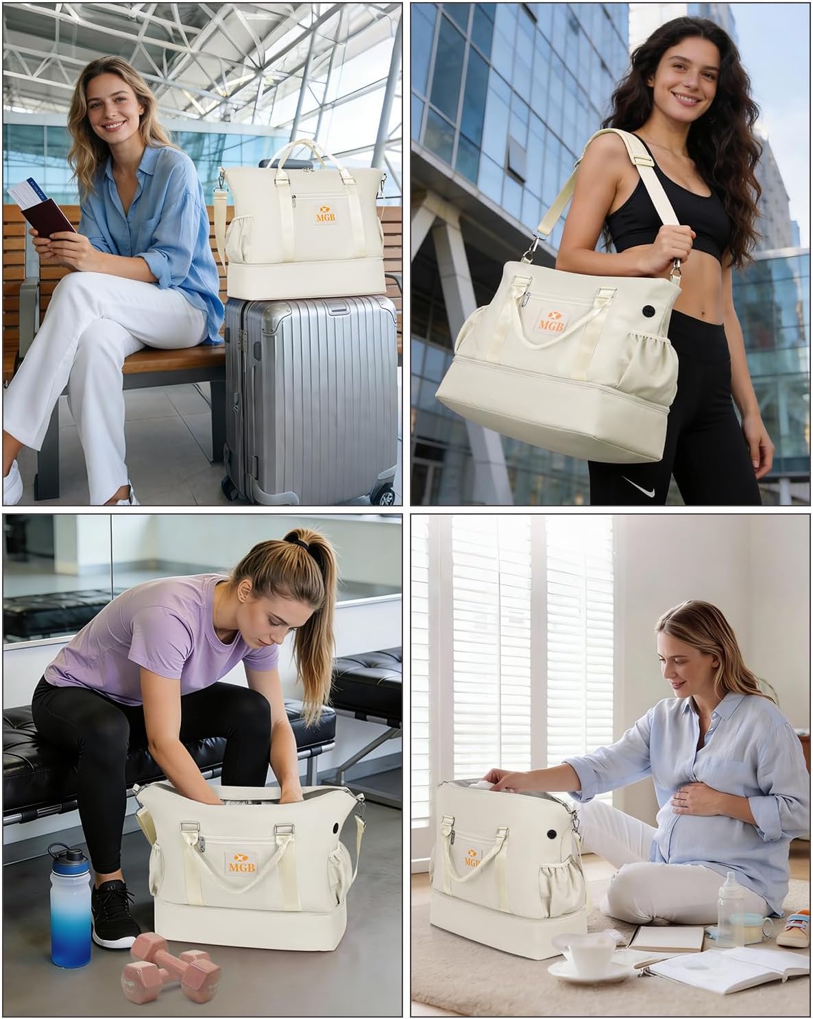 Duffle Bag for Travel Women, Weekender Carry On Personal Item Bag, Water Resistant Gym Bag with Toiletry Bag, Shoe Compartment & Wet Pocket Beige-Large