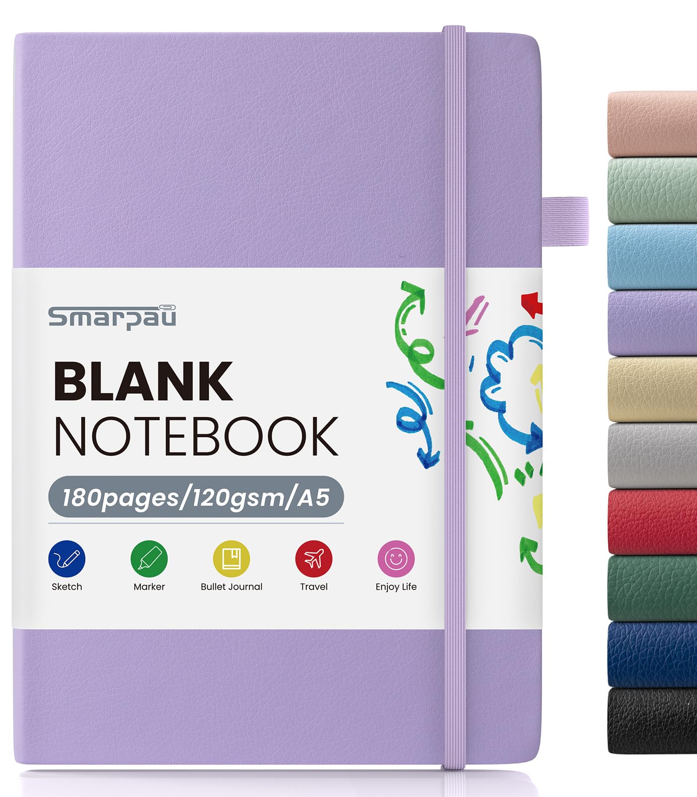 Smarpau Blank Notebook A5, 180 Pages Hardcover Plain Paper Notebook with 120GSM Thick Unlined Paper, Leather Journal Notepad for Drawing Writing Sketching, Light Purple