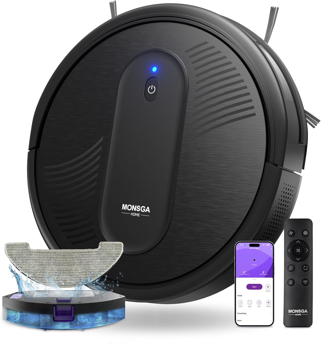 MONSGA MR1 Robot Vacuum Cleaner with Mop, 3 in 1 Vacuum and Mop Robotic Vacuum with Auto Boost, 140mins Runtime, 4000Pa Powerful Suction, 3.2 inch Thin, APP/Remote/Voice Control, for Hard Floors