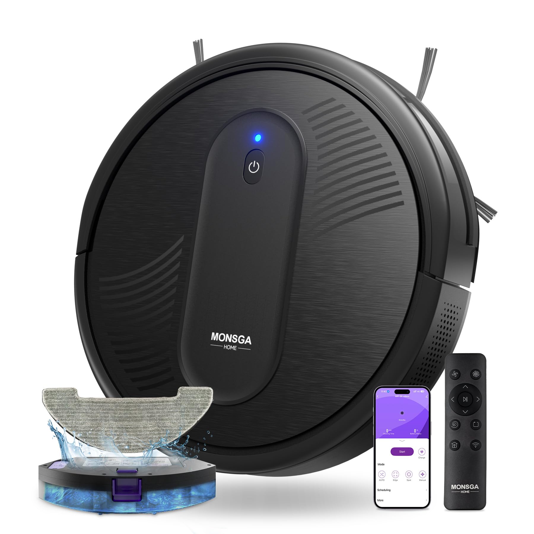 MONSGA Robot Vacuum Cleaner with Mop Function 4000 PA, Suction and Mop Robot 3 in 1.140 min Running Time, 2 Brushes, Vacuum Cleaner Robot with Car Carpet Boost for Pet Hair, Carpet Floors, App Control