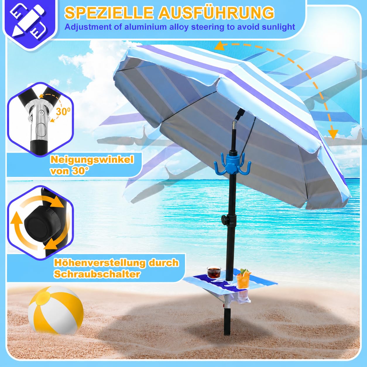 Ombrellone da spiaggia, Ø 213 cm, UV50 +, coefficiente di protezione solare, con tavolo e gancio e borsa per il trasporto, angolo di inclinazione e altezza regolabili, antivento, durevole, non