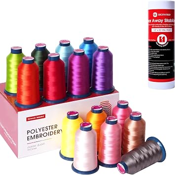 Richword Selected Embroidery Machine Thread 15 Colors +Tear Away Embroidery Stabilizer Backing 12" x 25 Yard roll