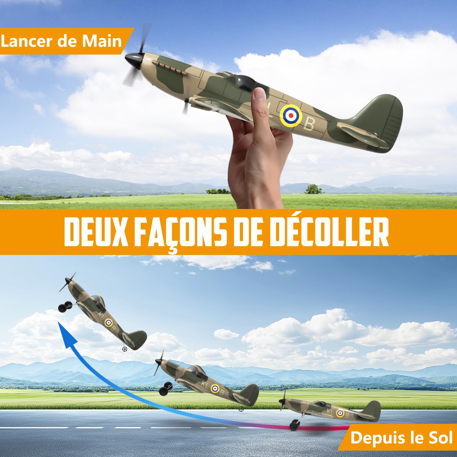 HAWK'S WORK Avion RC 3 Canaux Spitfire Fighter, Avion de Guerre Télécommandé Prêt à Voler, 2.4GHz 6-Axis Gyro Stabilizer