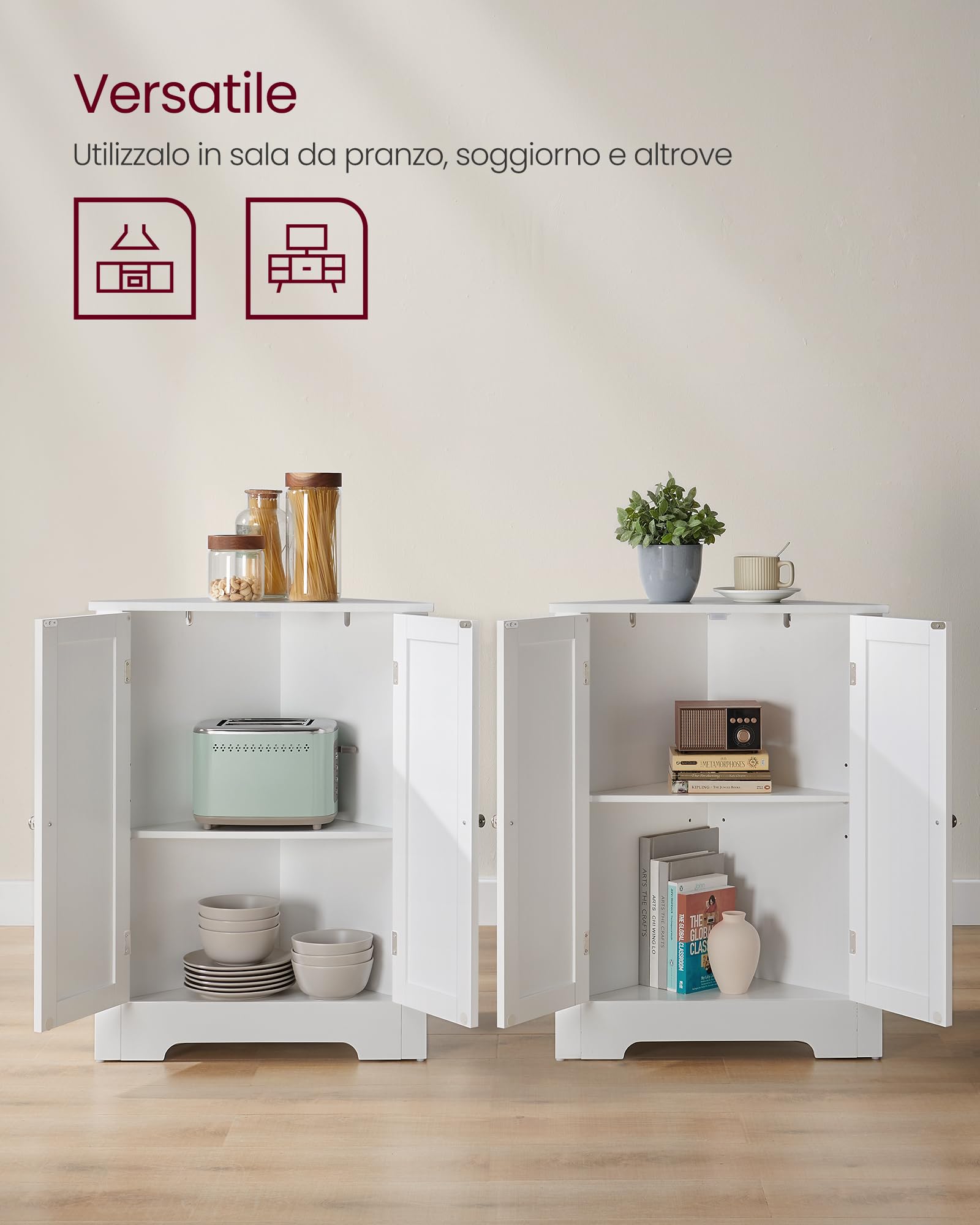 VASAGLE Angolare, Mobile Ante e Ripiano Regolabile, per Bagno Cucina Soggiorno, Stile Farmhouse Moderno, Bianco Nuvola BBC844P31, 60 × 33.6 × 80 cm