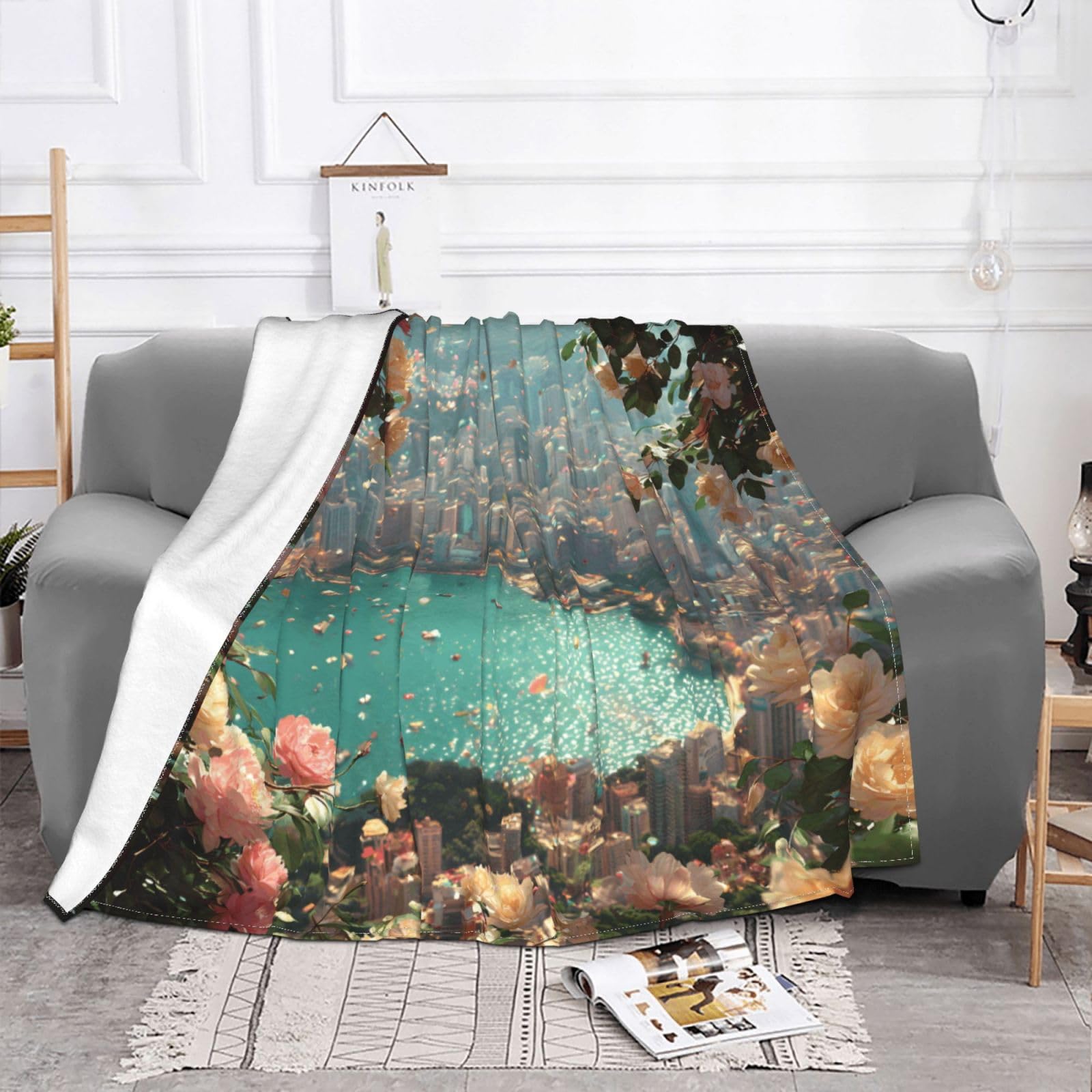 Manta de viaje portátil de 80 x 60 pulgadas, suave, resistente a las arrugas, plegable, exquisito estampado de ciudad costera