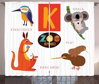 Lunarable ABC Curtains, Study Language K Font with Kiwi Kingfisher Koala Kangaroo Australian Wild Habitat, Living Room Bedroom Window Drapes 2 Panel Set, 108" X 108", Multicolor