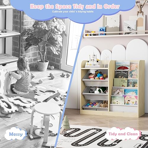 Miniatura 95 de Estantería de madera rosa de 4 niveles para niños, estantería de 5 capas, estante para libros de almacenamiento para bebés, organizador de juguetes