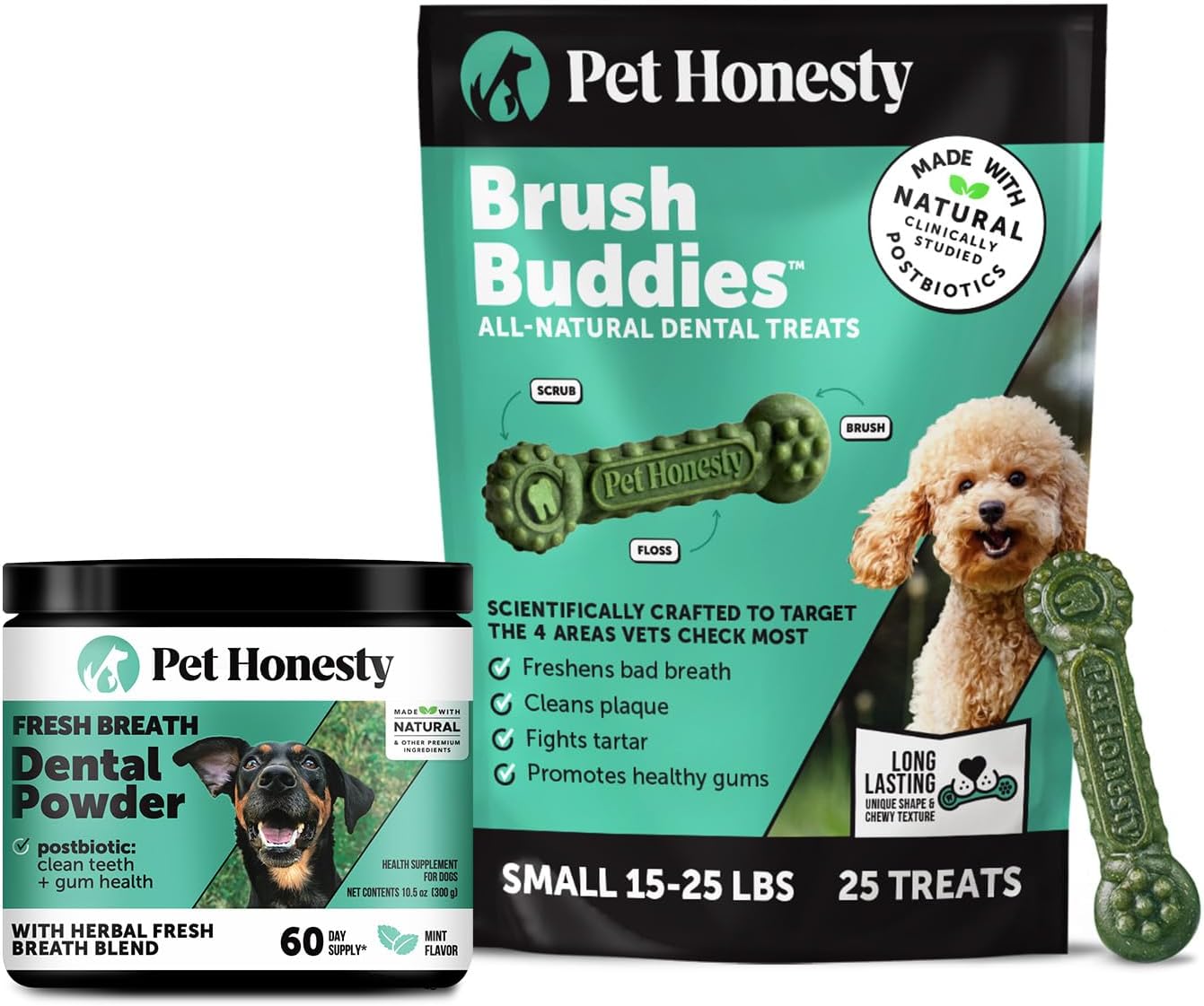 Pet Honesty Dog Dental Care Virtual Bundle – Breath Freshener Dental Powder for Large Dogs (60 Servings) + Brush Buddies Dental Sticks for Small Dogs (25 Ct) – Teeth Cleaning, Plaque & Breath Support