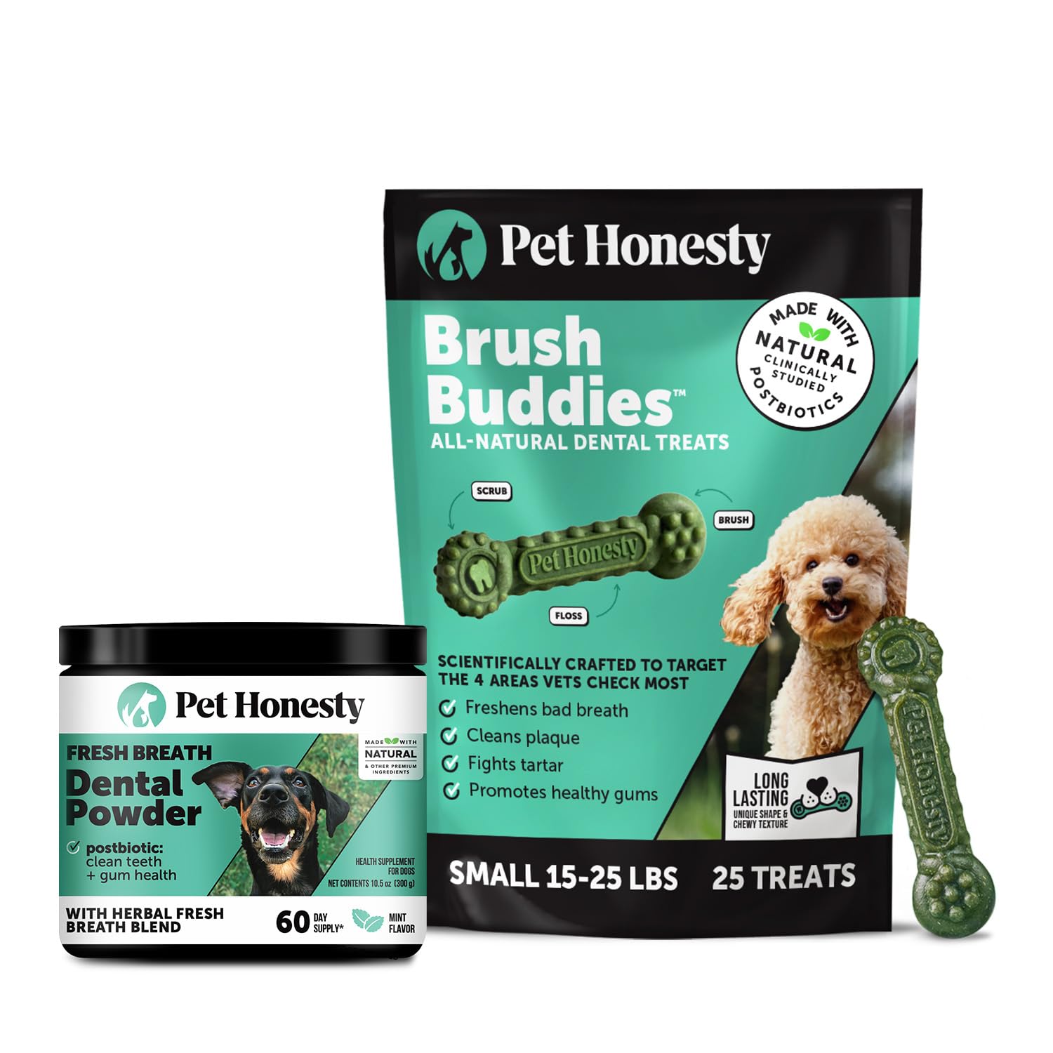 Pet Honesty Dog Dental Care Virtual Bundle – Breath Freshener Dental Powder for Large Dogs (60 Servings) + Brush Buddies Dental Sticks for Small Dogs (25 Ct) – Teeth Cleaning, Plaque &amp; Breath Support