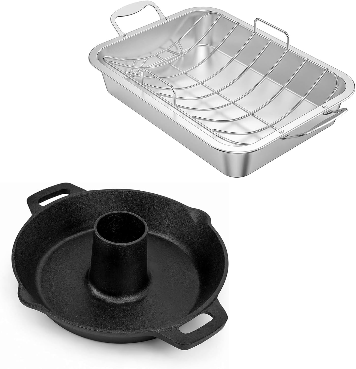 Charkettle Cast Iron Poultry Roaster Insert and Stainless Steel Roasting Pan with Rack