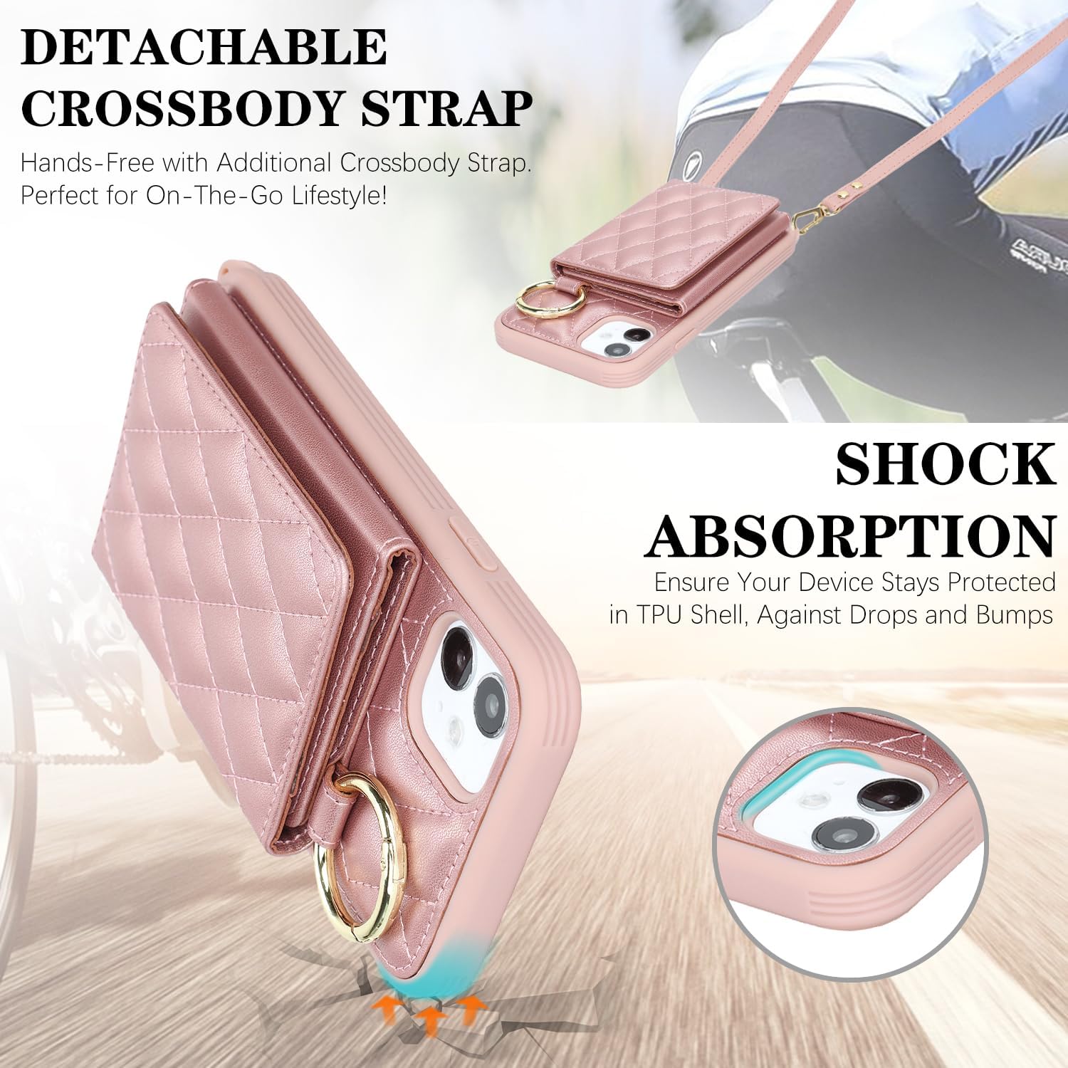 for iPhone 11 Case with Card Holder and Strap for Women,Crossbody Lanyard, Make Up Mirror,Ring Stand,Snap Clasp,Cute Phone Wallet Cases 6.1 inch - Dark Rose Gold