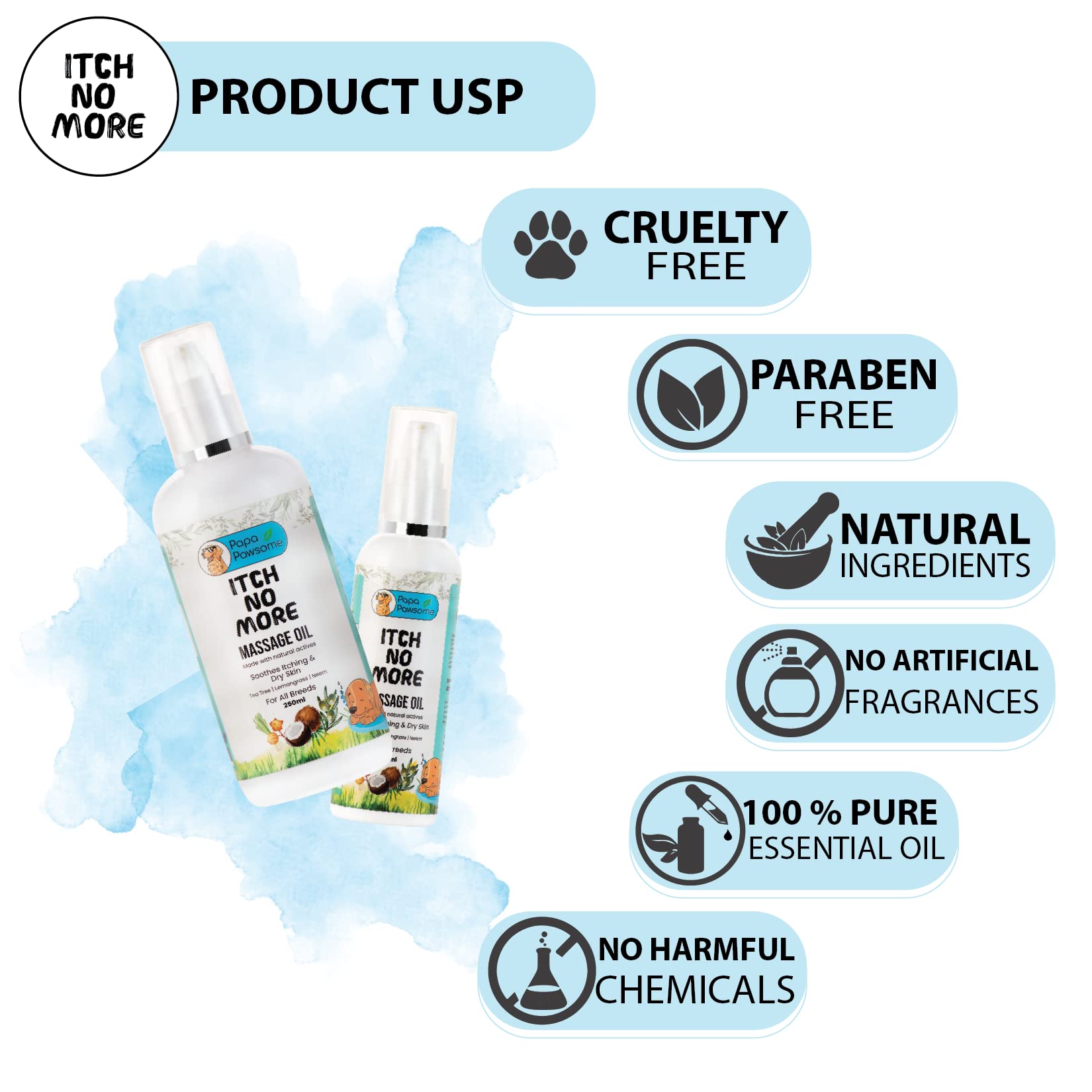 Papa Pawsome 250 ml Itch No More Massage Oil for Dogs Relaxent, Soothing, Shiny, Dull Coat Moisturizes Enriched with Castor Oil | Coconut Oil | Flaxseed Neem 1