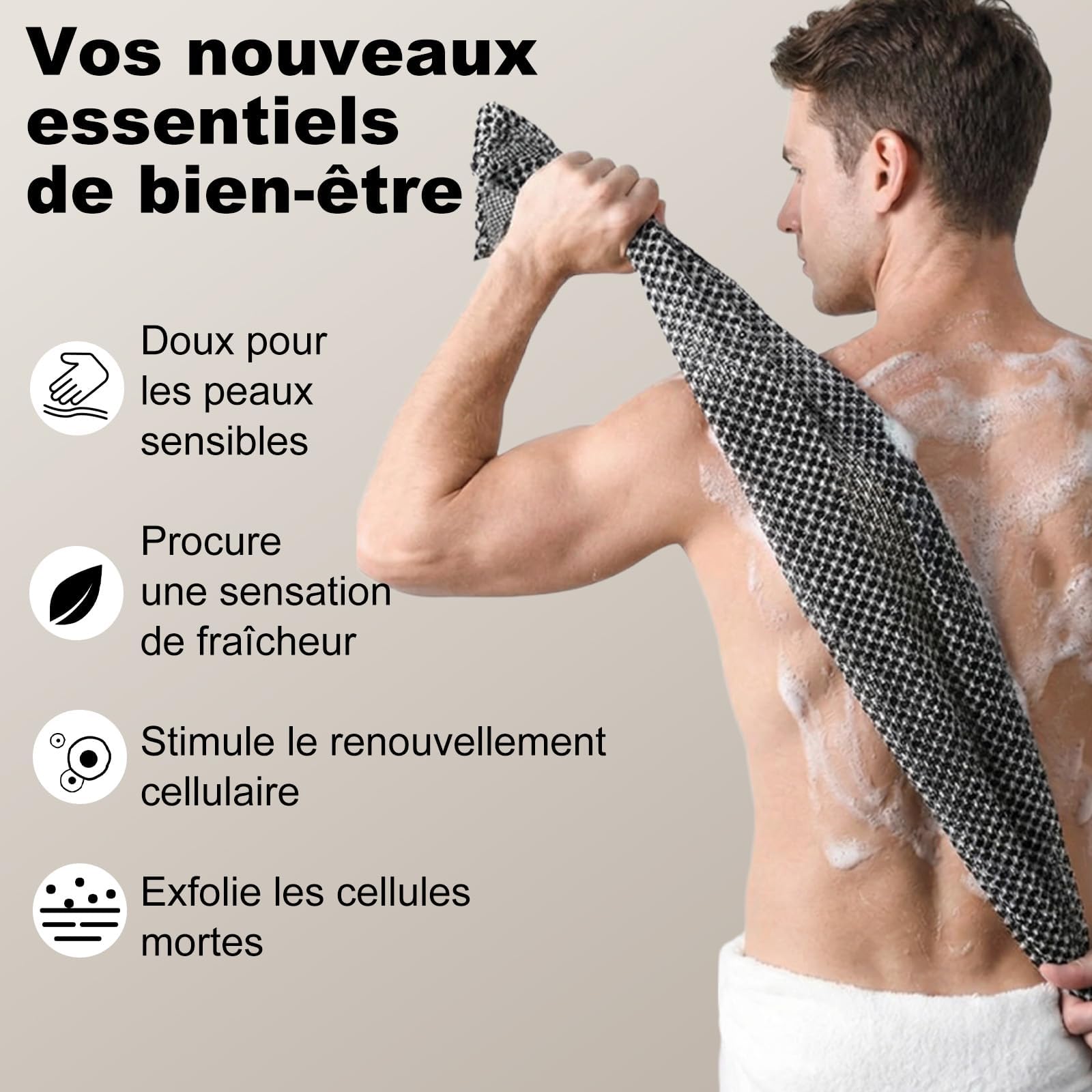 Bamboo Fiber and Activated Carbon Exfoliating Shower Towel, Japanese Exfoliating Towel Gentle Exfoliation, Quick Drying, Daily Use for Back (Black-1pcs) - 5