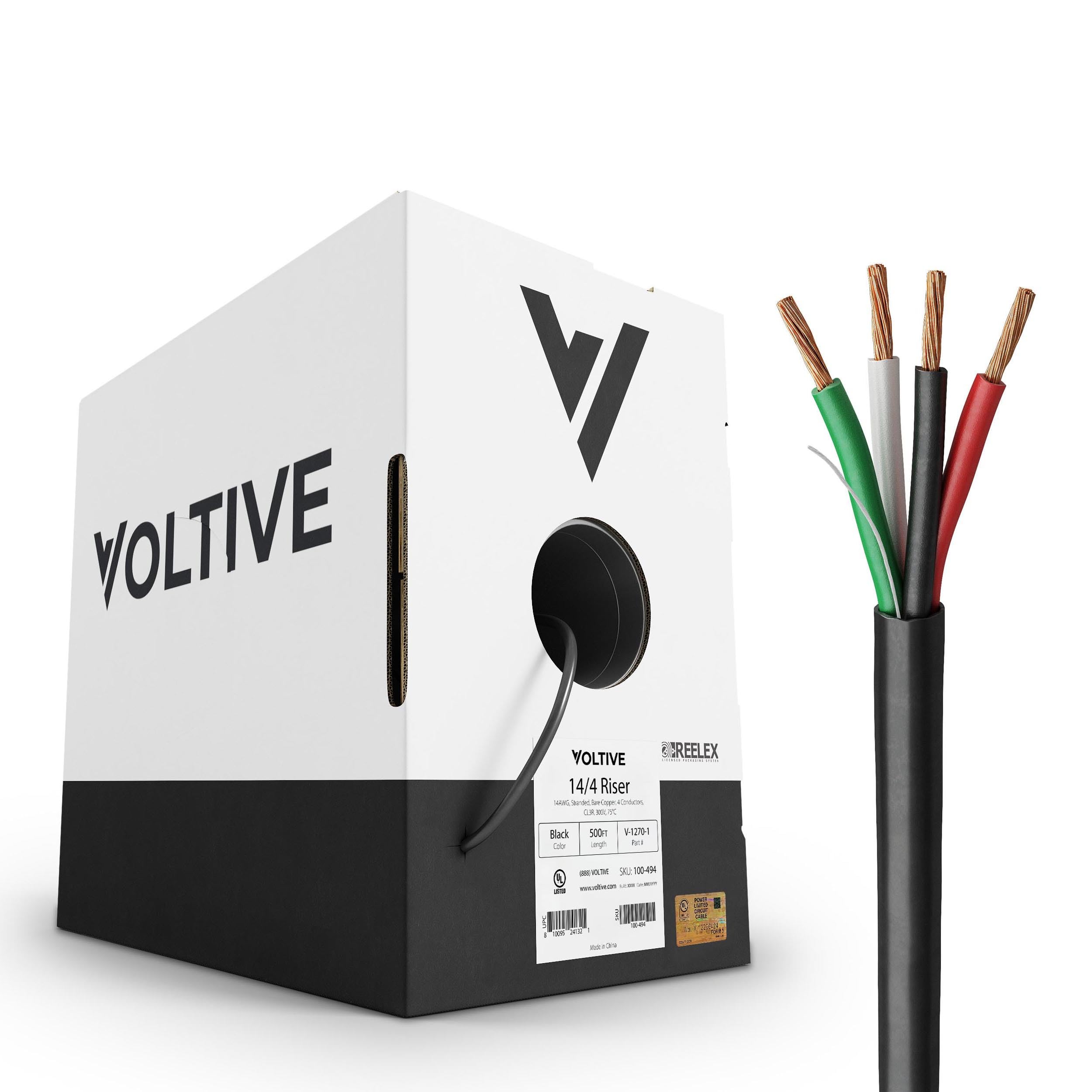 Voltive 14/4 Speaker Wire - 14 AWG/Gauge 4 Conductor - UL Listed Riser Rated (CL2R/CL3R/CMR) - Oxygen-Free Copper (OFC) - 500 Foot Bulk Cable Pull Box - Black