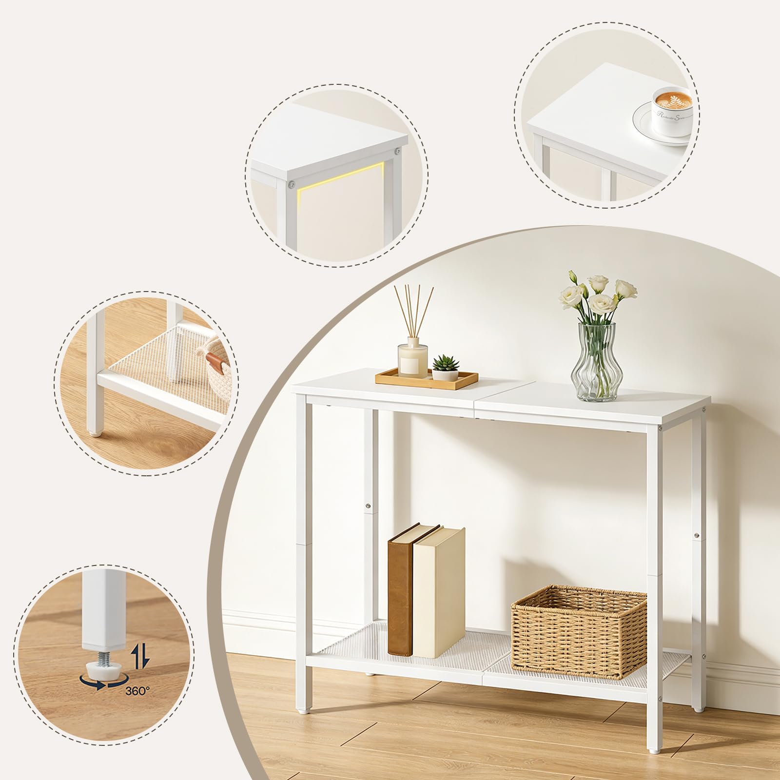 HOOBRO Consolle Ingresso, 75 cm Tavolo Console Stretto, Piccolo Tavolo da Divano con Ripiano Portaoggetti, per Corridoio, Soggiorno, Camera da Letto, Salotto, Bianco EWW74XG01