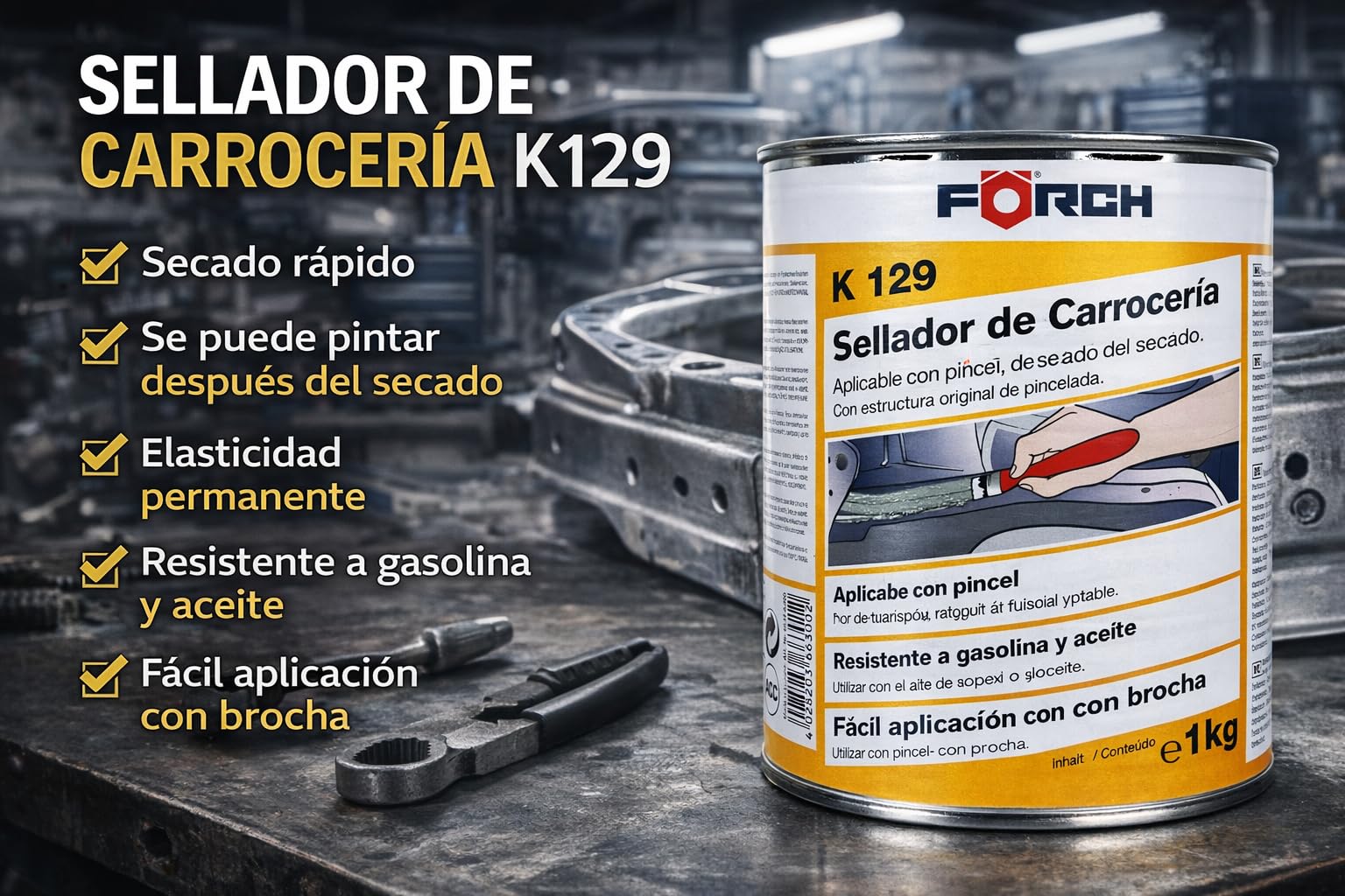 Sellador de Carrocerías a Brocha 1kg K129 Gris/Verde, Masilla de Sellado Elástica de Secado Rápido para Juntas y Solapes de Chapa, Pintable y Resistente a Gasolina, Caucho de Nitrilo para Automoción