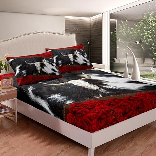 Miniatura 2 de Manfei Sábana bajera ajustable de calavera de toro, tamaño matrimonial, funda de cama de flores de rosa roja con 2 fundas de almohada, juego de ropa