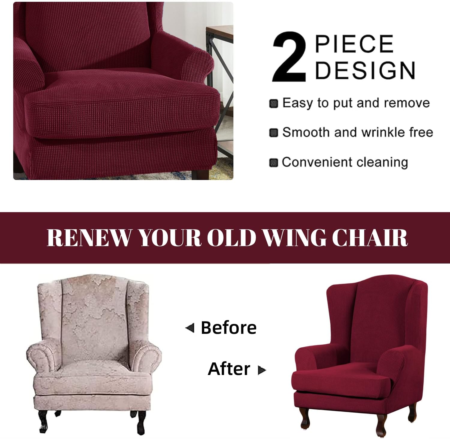 INFLAG Wing Back Chair Slipcovers, Stretch Spandex Wingback Chair Covers Sofa Slipcover Washable Chair Covers Armchair for Living Room and Bedroom (Burgundy)