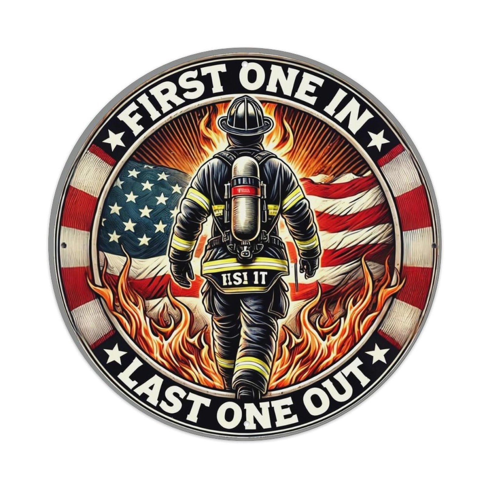 Firefighter American Flag Flames Heroic Emblem Vintage Round Tin Sign Retro Metal Wall Decor Metal Poster, Home Bar Garage Cafe Wall Art Decoration 8x8Inches