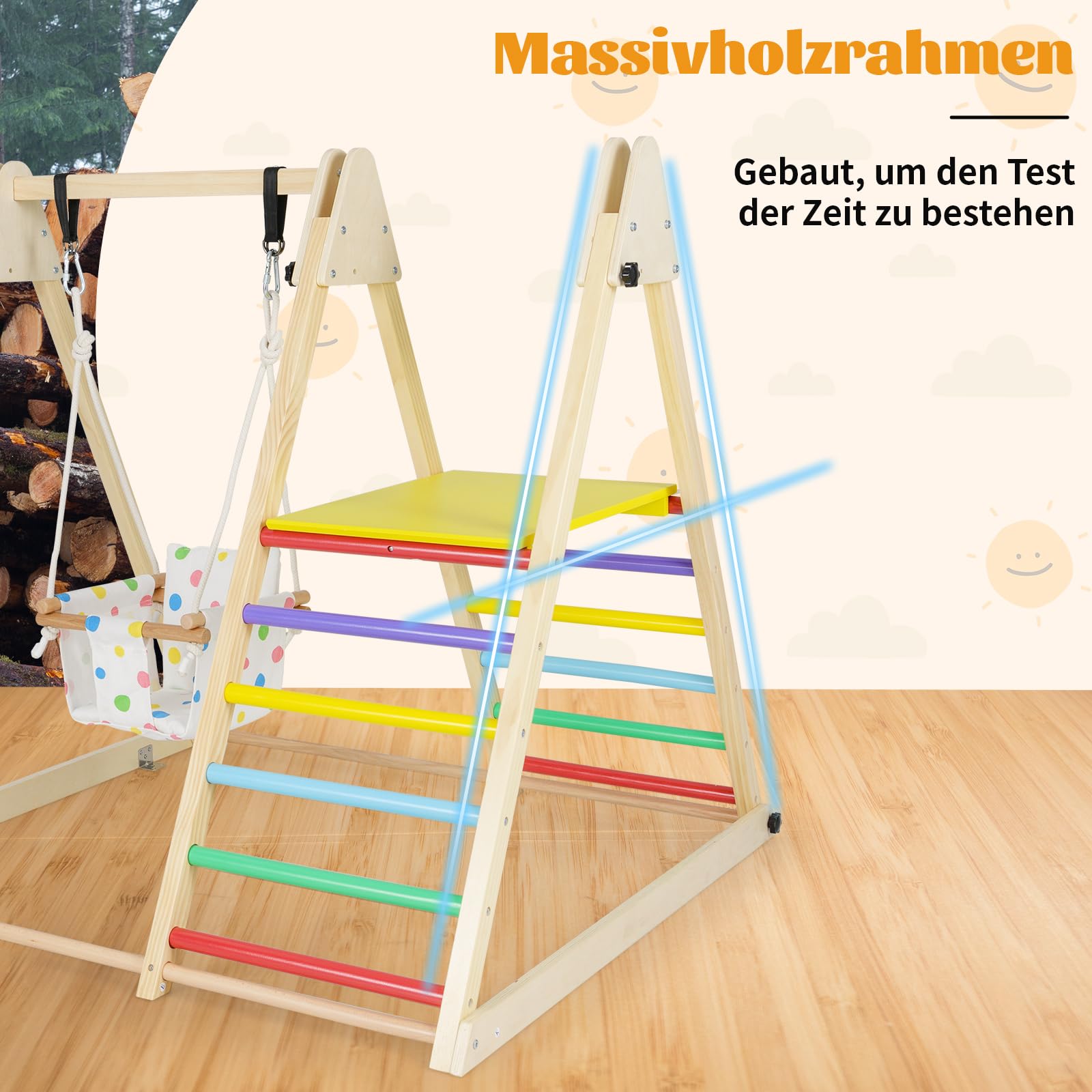 COSTWAY Klettergerüst Indoor, 4 in 1 Schaukel & Ruheplattform & Kletterrampe & Leiter, Kletterset zum Klettern & Rutschen, Kinder Spielplatz Holz, für Kinder ab 1 Jahr (Bunt)