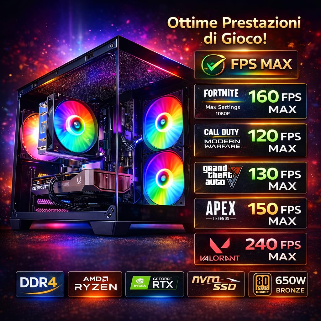 Golook PC Gaming Fisso, R5 4500, RTX 3050 6GB GDDR6, 16GB RAM, 500 GB NVME M.2, WiFi, Ethernet, Computer Fisso 2026
