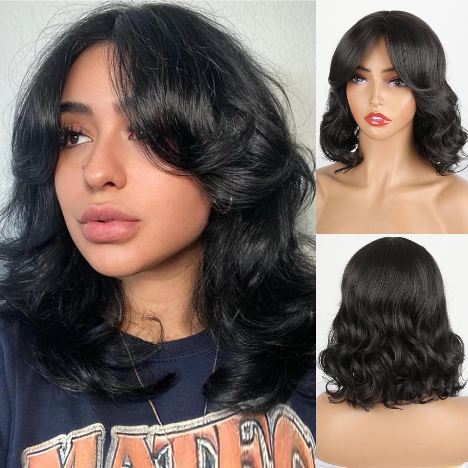 LEOSA Layered Wig ShoulderLength Wigs for White Women Black Wavy Wig Synthetic Layered Wig for