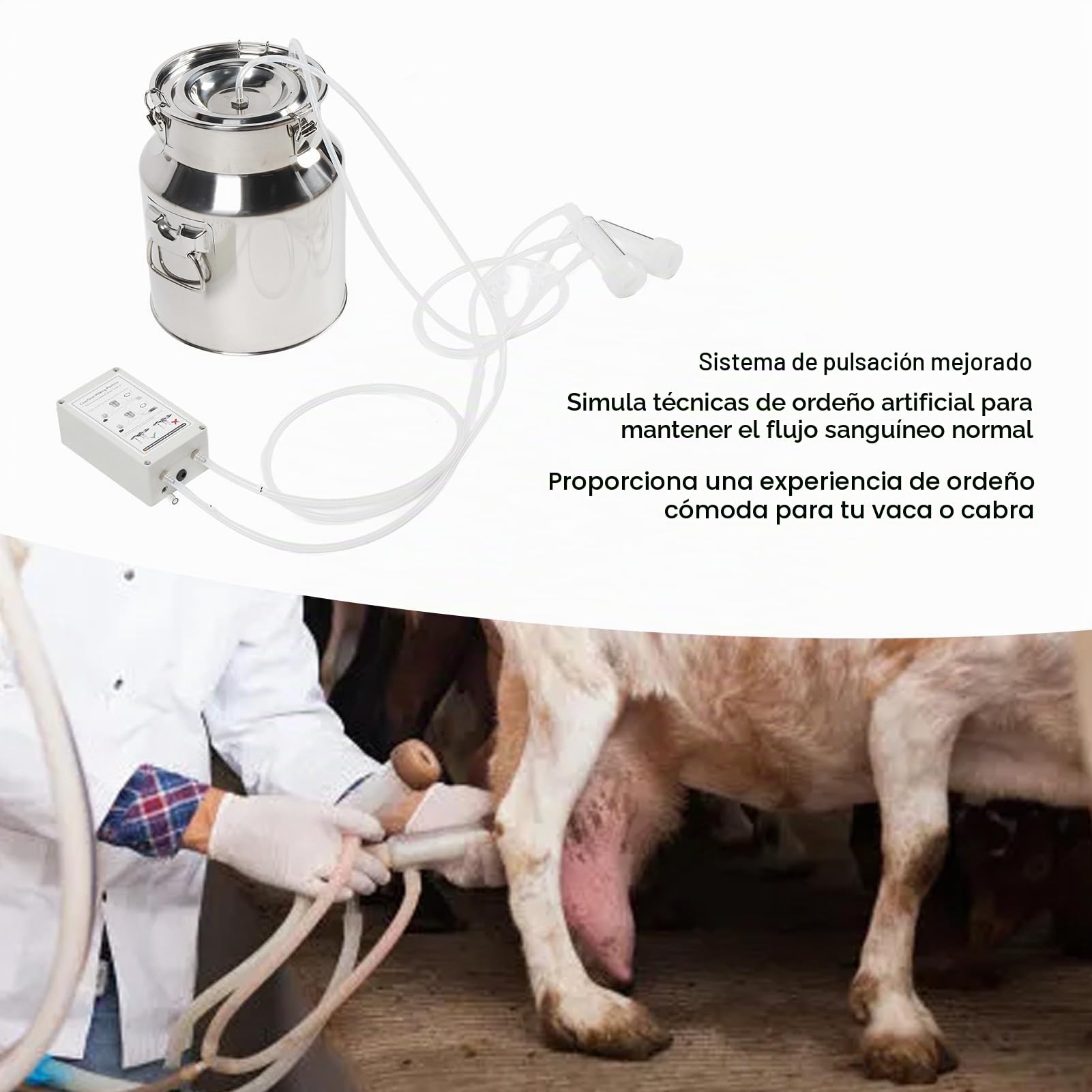 Ordeñadora de Cabras Eléctrica de 14 Litros, Ordeñadora para Vacas y Cabras, Bomba de Vacío Pulsante con Enchufe Portátil, Cubo de Acero Inoxidable 304 con Válvula de Retención