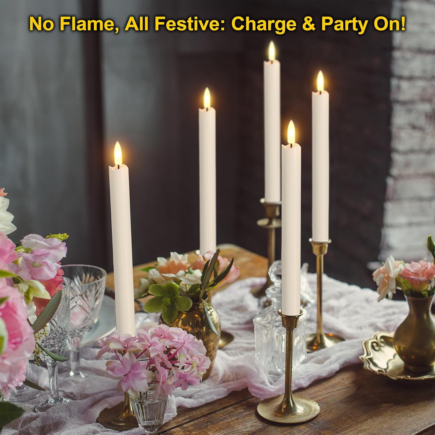 Rechargeable Flameless Taper Candles with Charging Station, 6 Pcs Real Wax LED Taper Candles with Remote Control & Timer, 3D Wick Flickering for Valentine's Day,Table Decorations,Home Decor