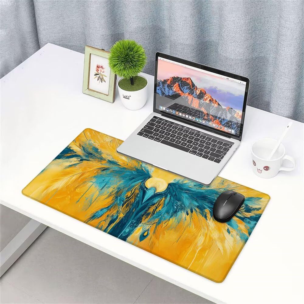 Alfombrilla de Mouse para Juegos, Giallo, XXL, Antideslizante, Impermeable, Diseño de Piuma, Extendido, Grande, 1200x600x3mm, para PC, Laptop, Ufficio, Famiglia d-641