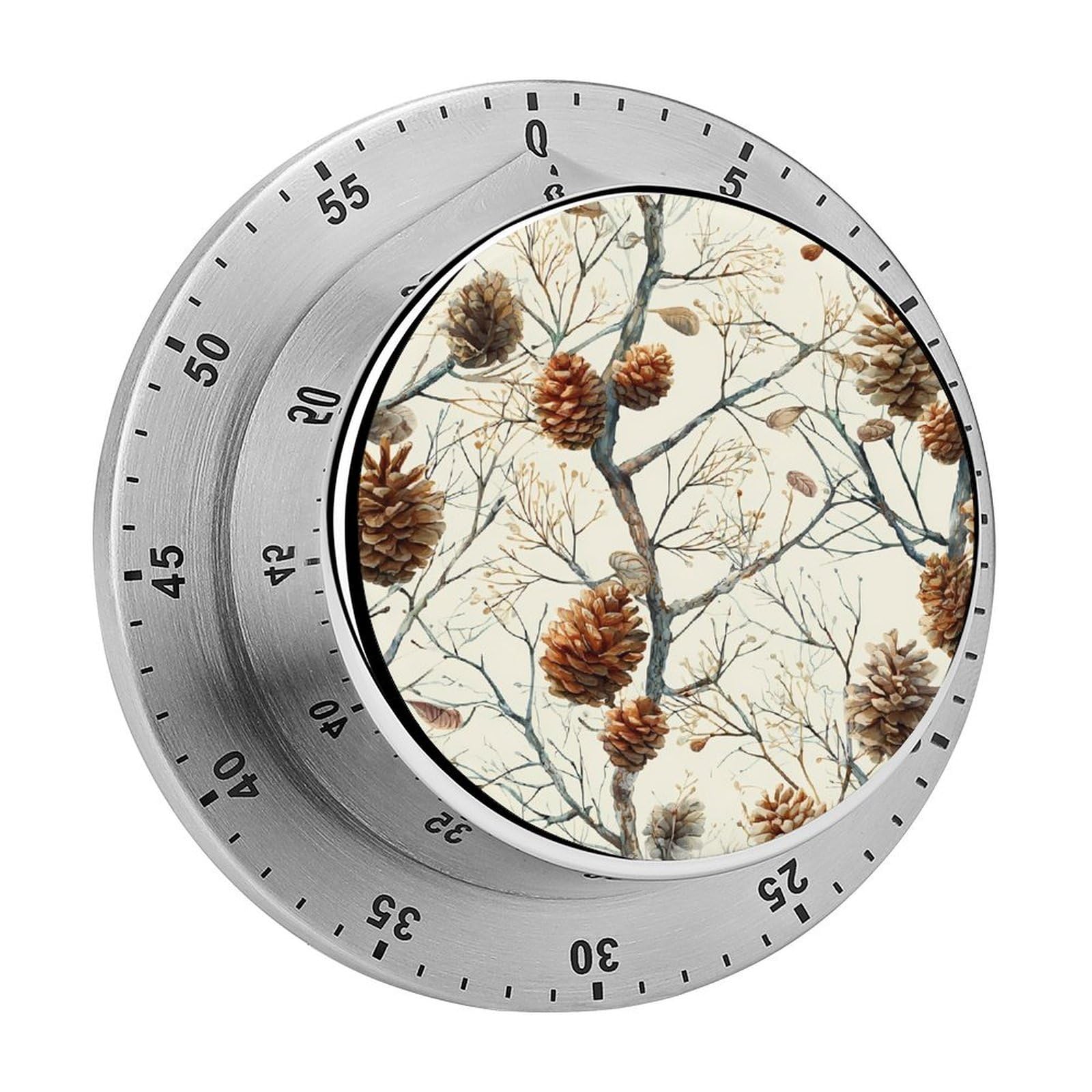 Pine Cones Winter Branches Mechanical Timer with Alarm for Kitchen Cooking Productivity Stainless Steel Timers