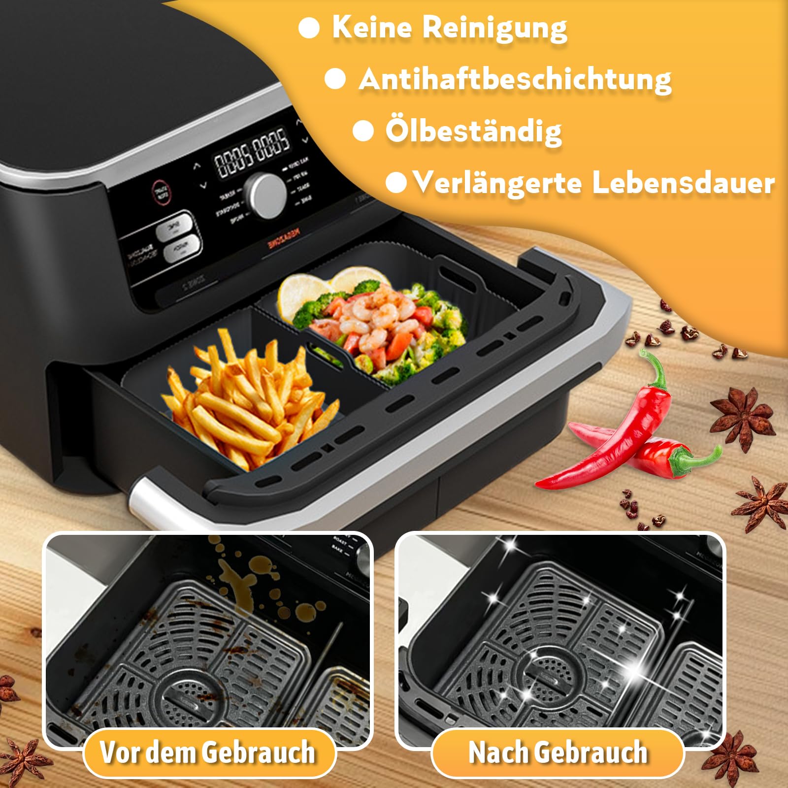 Heißluftfritteuse Zubehör für Ninja Foodi Flexdrawer 10,4L AF500EU, Airfryer Zubehör COSORI 10L Silikonform, Airfryer Silikon Einsatz mit Weiteres Dual Ninja Airfryer Zubehör