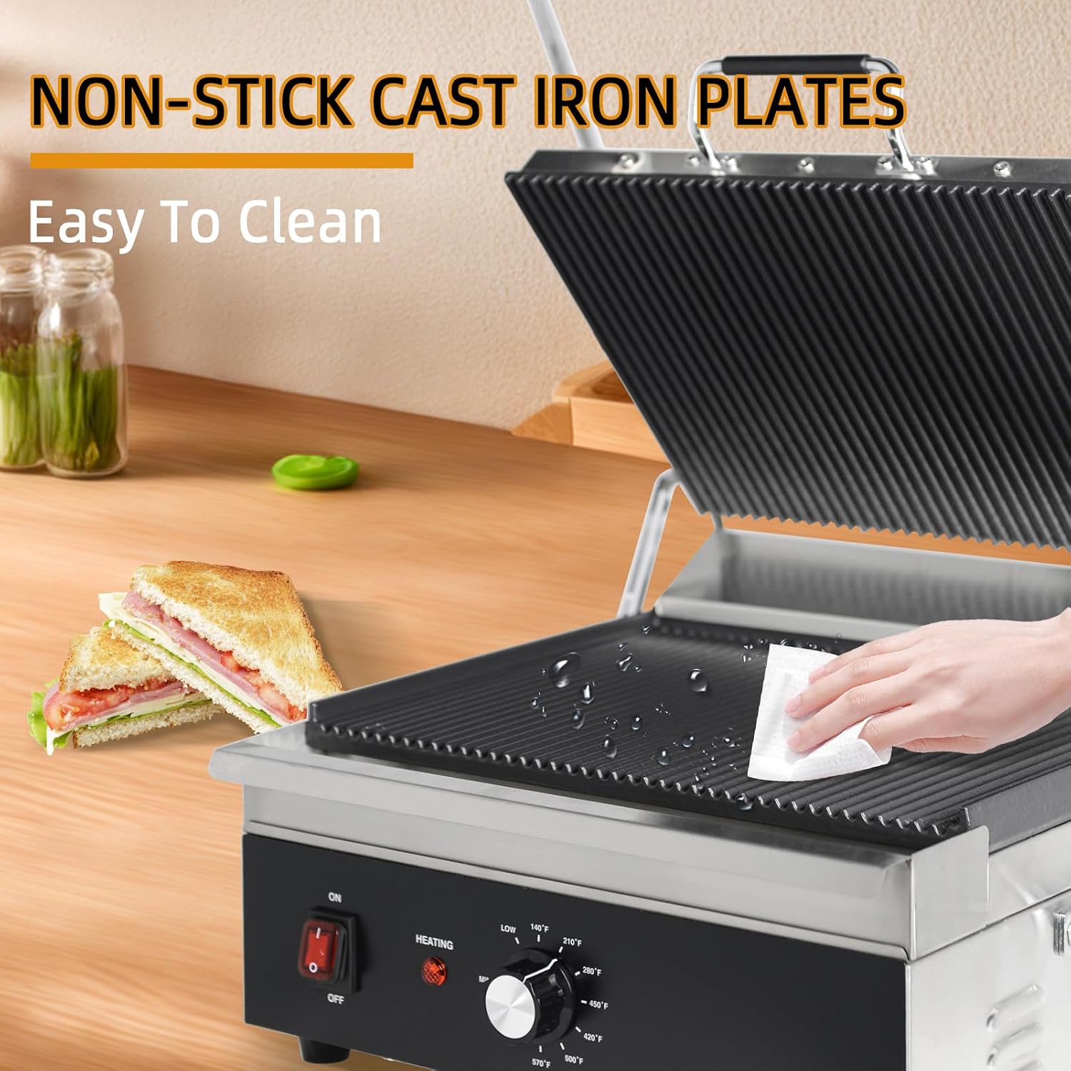 Professional Grooved Panini Press & Indoor Grill, Makes 3 Sandwiches at Once, 15"x11" Cast Iron Plates, 1800W, 32-572°F Adjustable Temp for Home & Commercial Use(CPG-175)