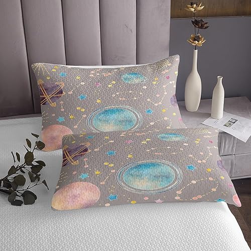 Miniatura 3 de Juego de colcha colorida de galaxia tamaño Queen para niños, niñas y niños, juego de edredón de cielo estrellado de ensueño con planetas arcoíris,