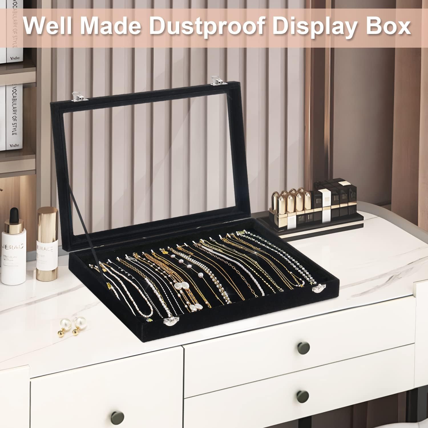Necklace Organizer Box, Necklace Tray for Jewelry with Clear Lid, Dustproof Velvet Necklaces Holder Storage Display Case, 20 Hooks Glass Top Jewelry Tray Drawer Insert for Necklaces Pendant Bracelet : Clothing, Shoes & Jewelry