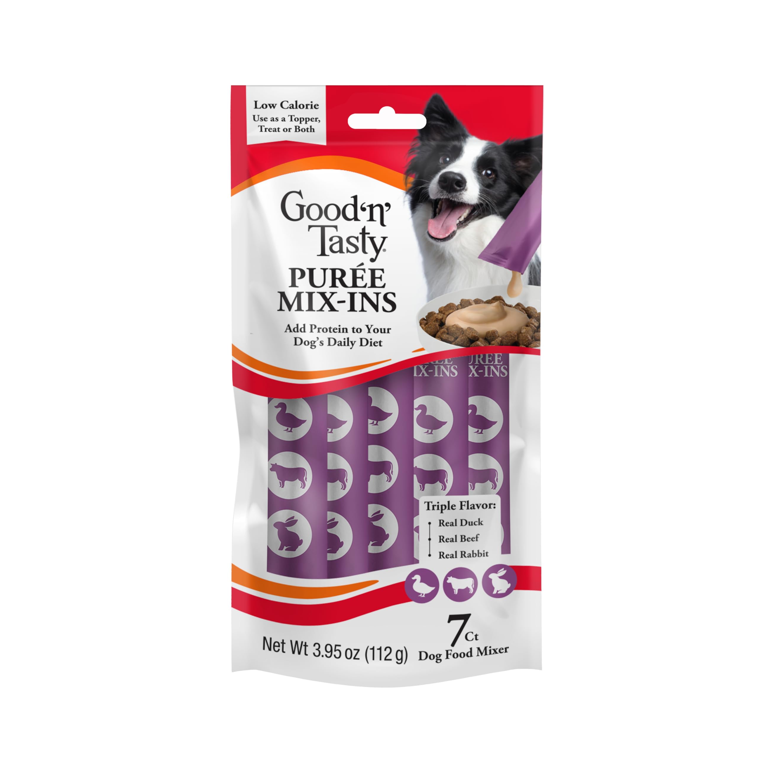 Good 'n' Tasty Triple Flavor Puree Mix-Ins Dog Food Topper Treats for All Dogs, 7 Count, Easy Single-Serve Portions, Added Protein with Duck, Beef and