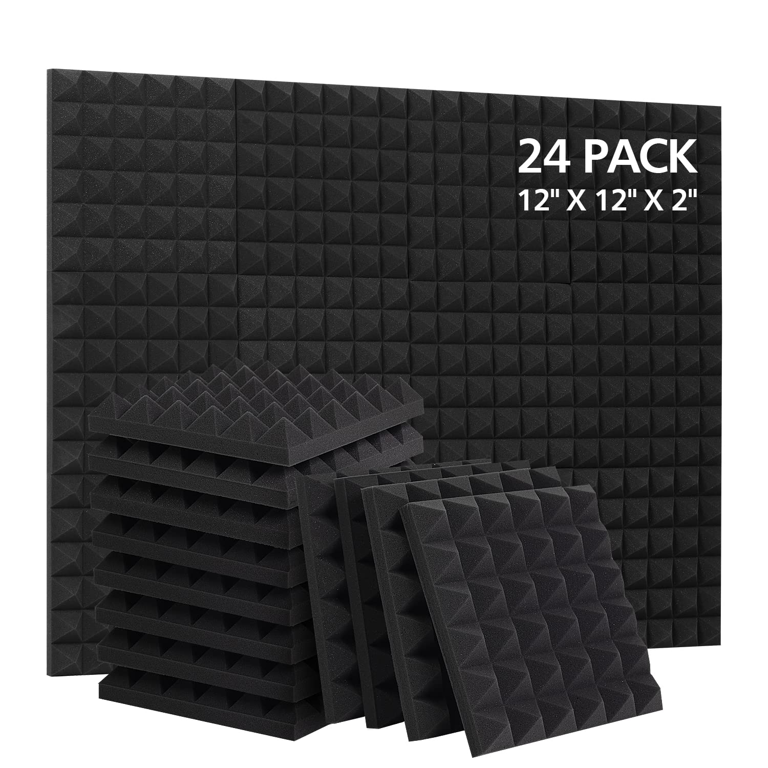 24 Pack Acoustic Panels 12 x 12 x 2 Inches, Black Acoustic Foam Panels, Pyramid Soundproof Wall Panels, High Density 25kg/m3, Sound Proof Panels for Walls