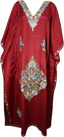 Mogul Interior Womens Maxi Caftan Maroon Floral Embroidered Kaftan Boho Dress 3X