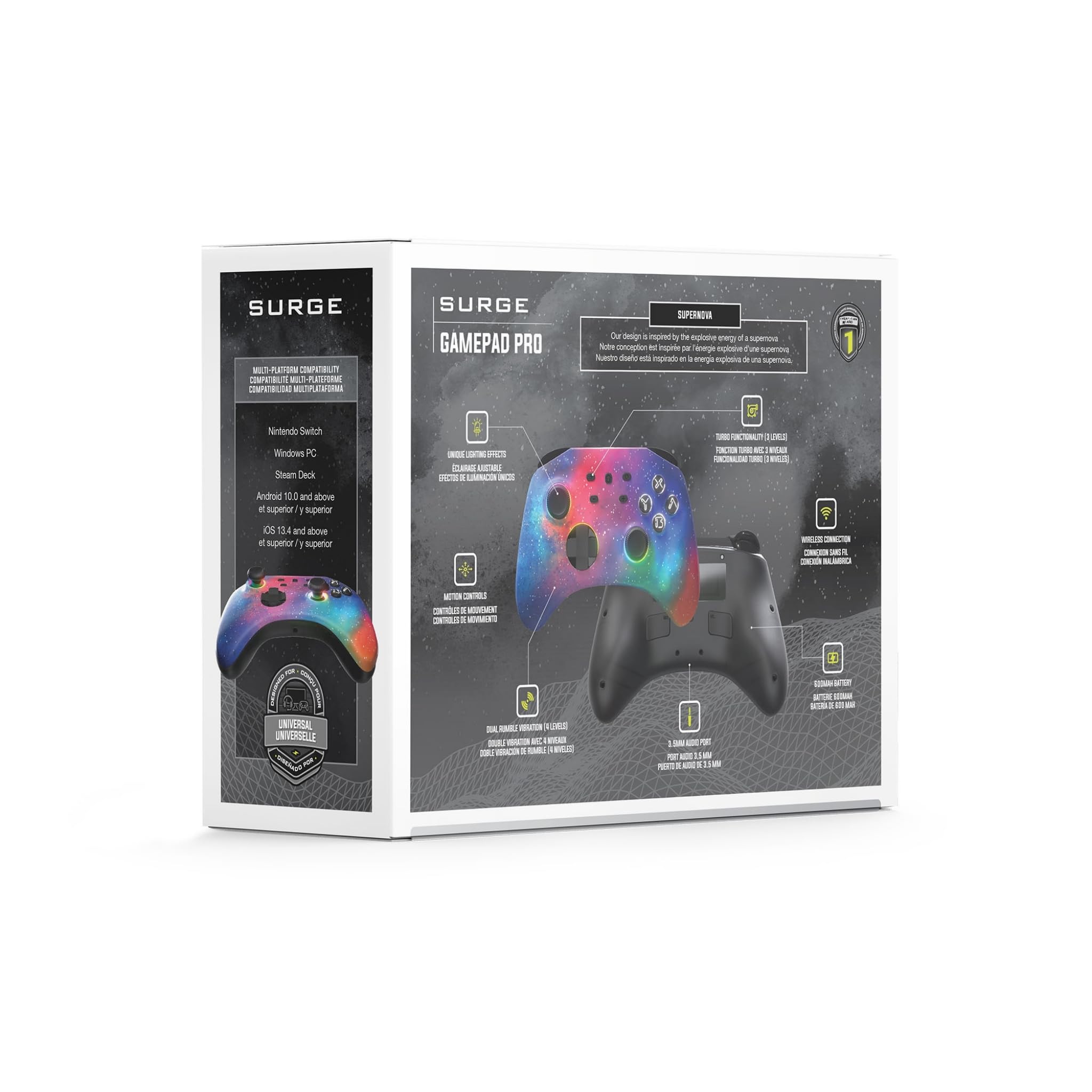 Surge Gamepad Pro (Supernova) - Controlador Bluetooth multiplataforma, compatible con Nintendo Switch, Windows PC, Steam Deck, Android e iOS, botones programables, vibración de retumbo, luces LED
