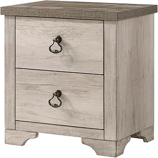 1pc Cottage Style Distressed 2 Drawer Nightstand Driftwood Finish Contrasting Weathered Brown Top Traditional Ring Pull Hardware Wooden