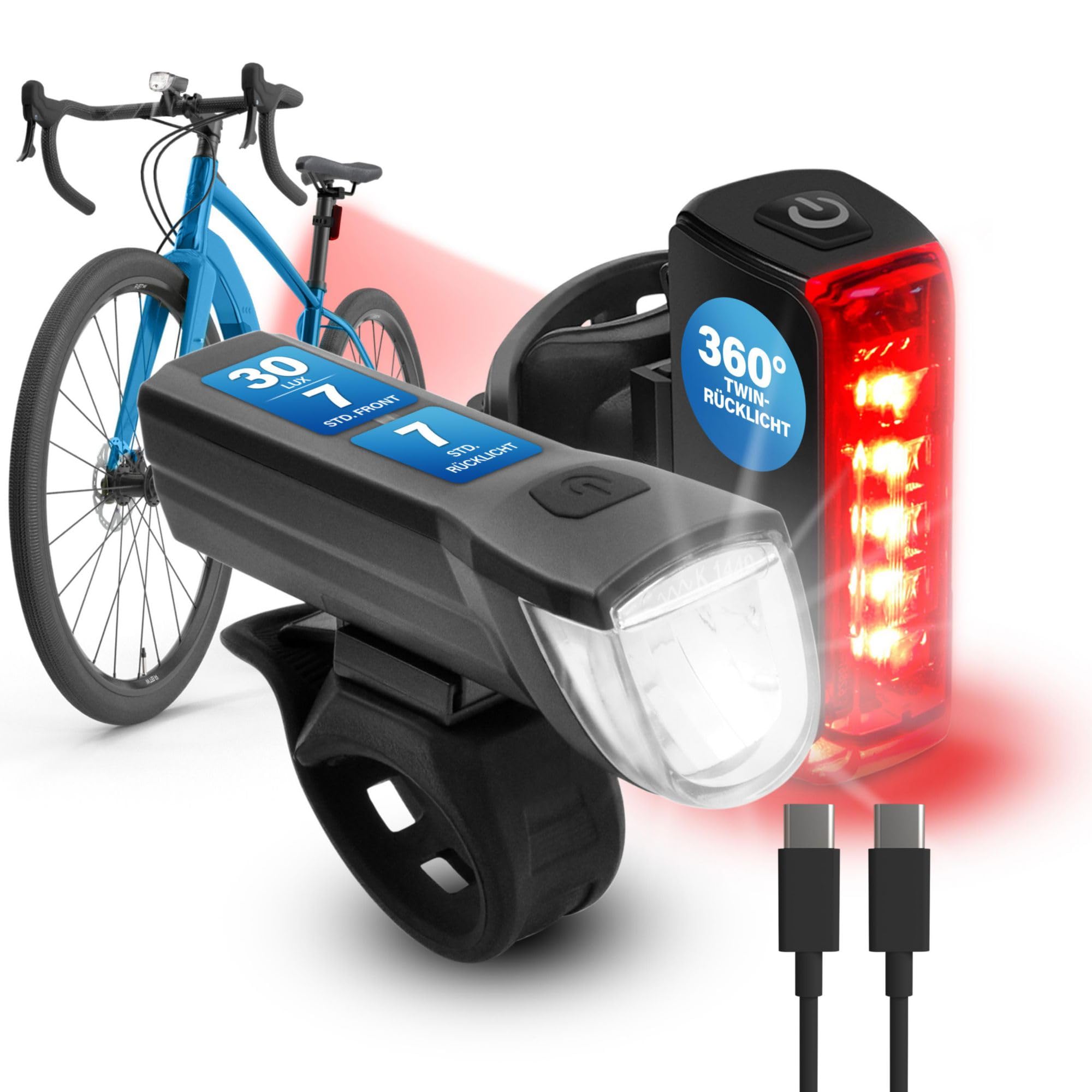 Fischer Fahrrad LED Beleuchtungs-Set Twin mit innovativer 360° Bodenleuchte für mehr Sichtbarkeit und Schutz, Frontlicht