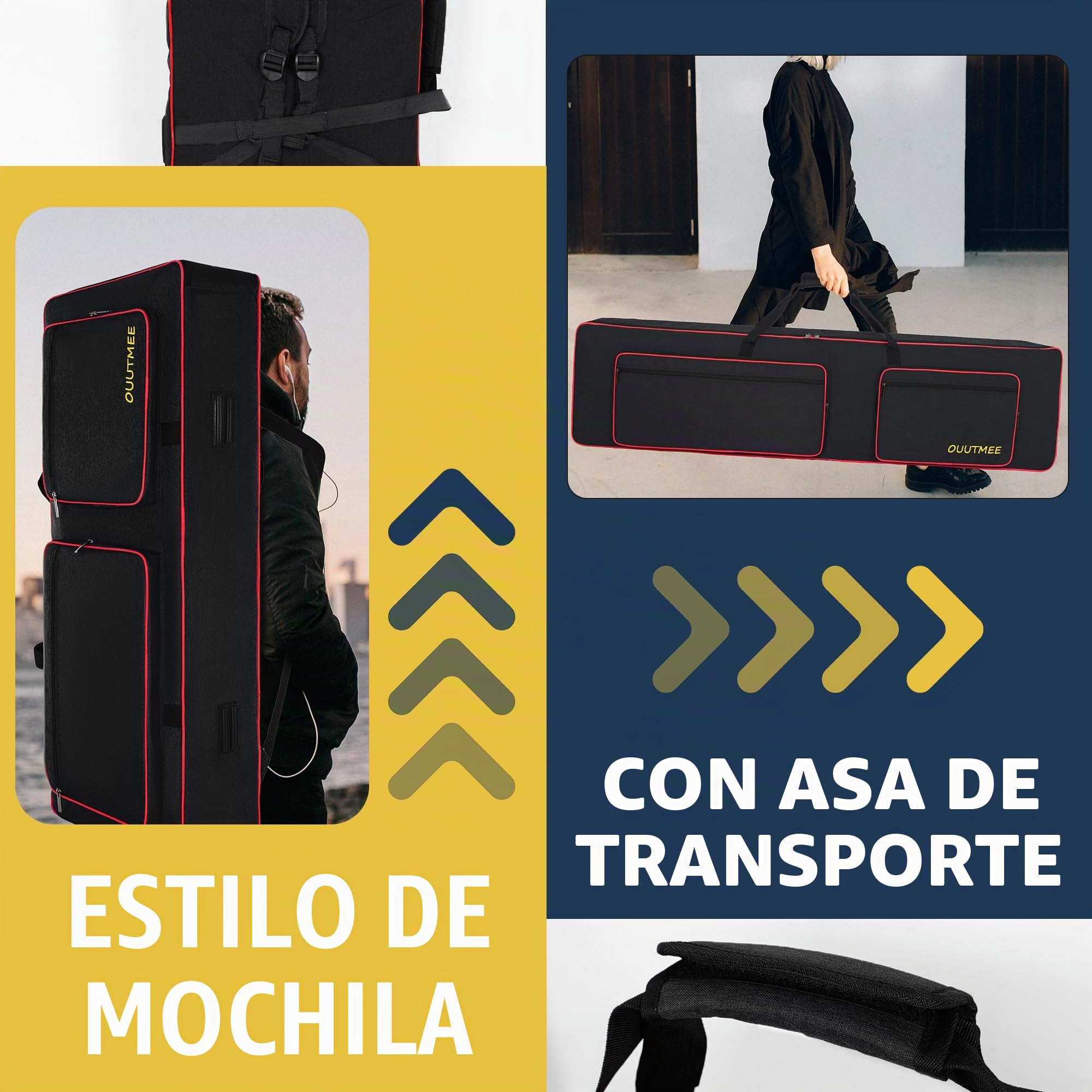OUOUTMEE 61Noten Funda para teclado electrónico, tela Oxford 600D, 10 mm de borde, negro, resistente a golpes, impermeable, cuatro protectores de esquinas