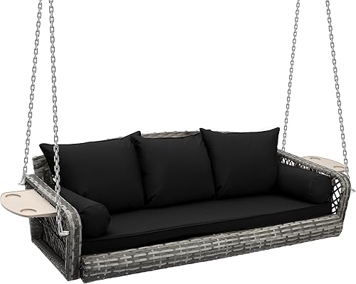 Miniatura 9 de Grepatio Columpio de mimbre para 3 personas, columpio de mimbre para patio, columpio de ratán al aire libre con cojín y almohada para jardín, patio,